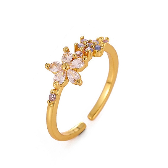 Anillos abiertos de latón con micro pavé de circonita cúbica, flor