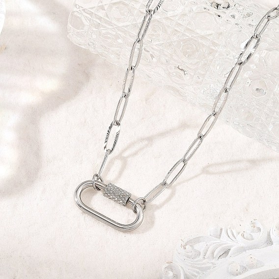 304 Stainless Steel Oval Screw Carabiner Lock Pendant Textured Paperclip Chain Necklaces