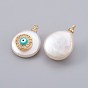 Natural Cultured Freshwater Pearl Pendants, with Cubic Zirconia and Enamel, Brass Findings, Long-Lasting Plated, Flat Round with Eye, Real 18K Gold Plated