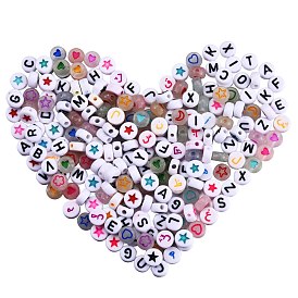 1000Pcs 5 Style Acrylic Beads, Flat Round with Arabic Alphabet & Star & Letter & Flower & Heart & Moon