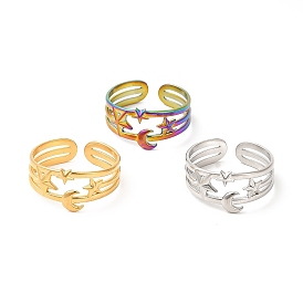 Ion Plating(IP) 304 Stainless Steel Cuff Wide Band Rings, Moon & Star Open Finger Rings for Women Men