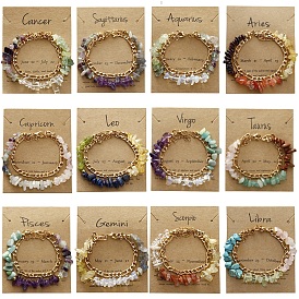 Constellation Gemstone Chip Multi-Strand Beaded Bracelets, Figaro Chain Bracelets for Women Men, Golden