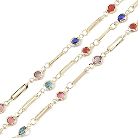 Brass Link Chains, with Glass, Real 18K Gold Plated, Soldered, with Spools, Long-Lasting Plated, Cadmium Free & Lead Free