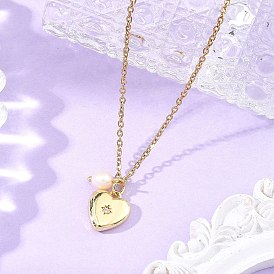 Brass Micro Pave Clear Cubic Zirconia Heart Pendant 304 Stainless Steel Cable Chain Necklaces with Natural Pearl Beads for Women