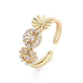 Brass Micro Pave Cubic Zirconia Cuff Rings, Flower Open Rings for Women, Long-Lasting Plated