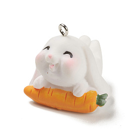 Opaque Resin Cute Bunny Pendants, Rabbit Charms with Carrot, with Platinum Plated Iron Loops