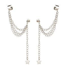 304 Stainless Steel Safety Chains Dangle Stud Earrings with Ear Cuff, Star Tassel Long Drop Earrings for Women