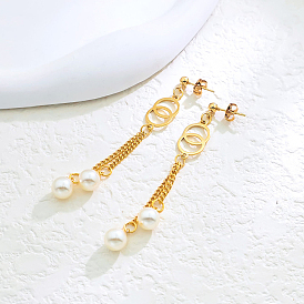 Круглые серьги-гвоздики из нержавеющей стали, с имитацией жемчуга, цепочка-оберег