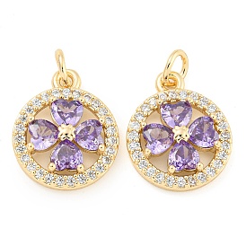 Rack Plating Brass Micro Pave Clear Cubic Zirconia Pendants, Long-Lasting Plated, Lead Free & Cadmium Free, Flat Round with Clover, with Jump Ring, Lilac