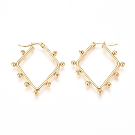 304 Stainless Steel Angular Hoop Earrings, Hypoallergenic Earrings, with Round Beads, Rhombus