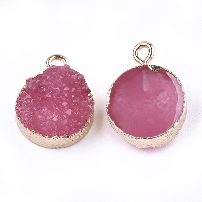 Electroplate Druzy Resin Pendants, with Iron Findings, Flat Round, Light Gold