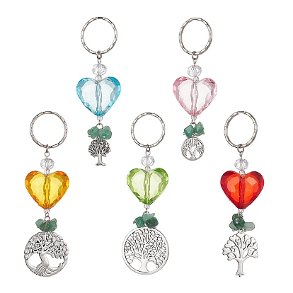 Tree of Life Alloy & Natural Green Aventurine Chips Pendant Keychain, with Acrylic Heart and Iron Split Key Rings