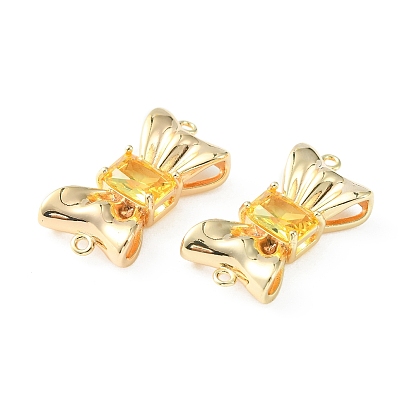 Brass Pave Cubic Zirconia Connector Charms, Real 18K Gold Plated, Bowknot Links