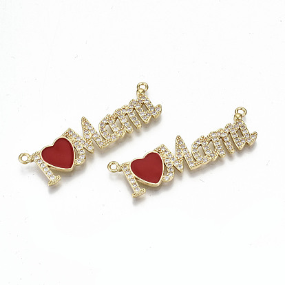 Real 16K Gold Plated Brass Micro Pave Clear Cubic Zirconia Pendant Link, with Enamel, Nickel Free, for Mother's Day, Heart with Word Mama