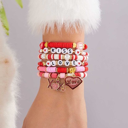 6шт. браслеты с подвесками из эмали и сплава ко Дню святого Валентина, Набор эластичных браслетов из полимерной глины, смолы и стеклянных бусин для женщин, сердце