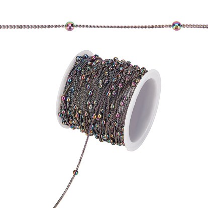Brass Curb Chains, with Round Beads, with Spool, Soldered