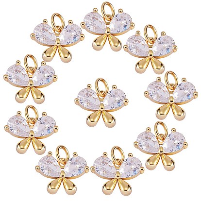 10Pcs Brass Micro Pave Clear Cubic Zirconia Charms, Long-Lasting Plated, Butterfly