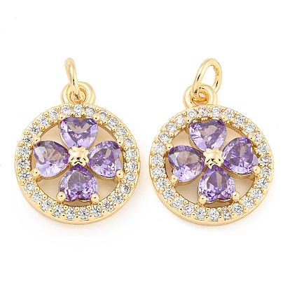 Rack Plating Brass Micro Pave Clear Cubic Zirconia Pendants, Long-Lasting Plated, Lead Free & Cadmium Free, Flat Round with Clover, with Jump Ring, Lilac