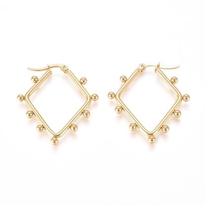 304 Stainless Steel Angular Hoop Earrings, Hypoallergenic Earrings, with Round Beads, Rhombus