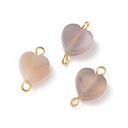 Natural Grey Agate Connector Charms, with Golden Tone Iron Double Loops, Heart