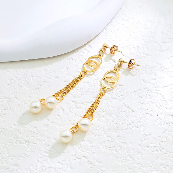 Круглые серьги-гвоздики из нержавеющей стали, с имитацией жемчуга, цепочка-оберег