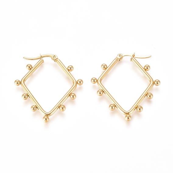 304 Stainless Steel Angular Hoop Earrings, Hypoallergenic Earrings, with Round Beads, Rhombus