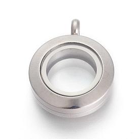 304 Stainless Steel Floating Locket Pendants, with Glass, Flat Round