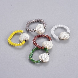 Electroplate Glass Stretch Rings, with Synthetic Hematite and Opaque ABS Plastic Imitation Pearl, Heart