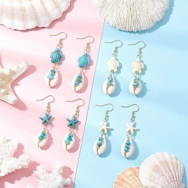 5 пары 304 серьги-подвески из нержавеющей стали, с натуральной ракушкой каури и синтетической бирюзой