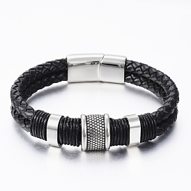 Braided Leather Cord Bracelets, with Antique Silver 304 Stainless Steel Findings, Magnetic Clasps
