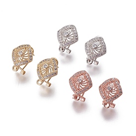 Brass Micro Pave Cubic Zirconia Stud Earring Findings, French Clip Earrings, with Loop, Rhombus