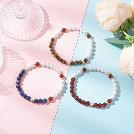 Круглые браслеты из жемчужных бусин, натуральных камней и сердолика для женщин, с латунными бусинами-разделителями в виде клевера