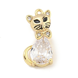 Brass Micro Pave Clear Cubic Zirconia Glass Charms, Cat