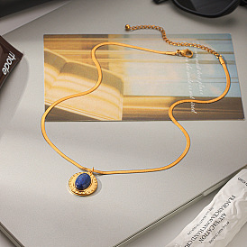 304 Stainless Steel Natural Lapis Lazuli Flat Round Pendant Necklaces for Women