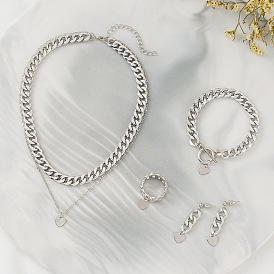 5-Piece Jewelry Set: Heart Necklace, Chain Ring, Bracelet & Earrings