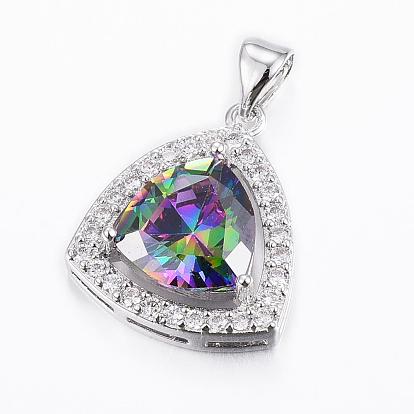 Trendy Brass Micro Pave Cubic Zirconia Pendants, Faceted, Triangle, Platinum