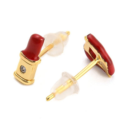 Clear Cubic Zirconia Lip & Lipstick Stud Asymmetrical Earrings, Rack Plating Brass FireBrick Enamel Jewelry for Women, Long-Lasting Plated