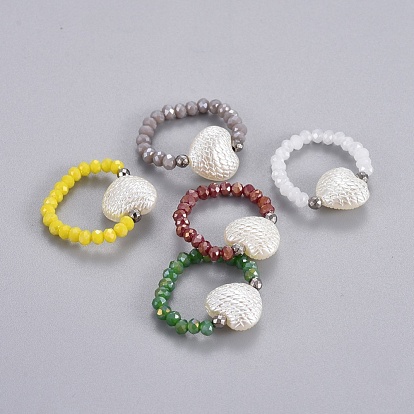 Electroplate Glass Stretch Rings, with Synthetic Hematite and Opaque ABS Plastic Imitation Pearl, Heart