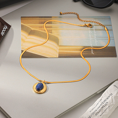 304 Stainless Steel Natural Lapis Lazuli Flat Round Pendant Necklaces for Women
