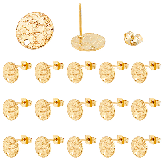 50Pcs Ion Plating(IP) 304 Stainless Steel Stud Earring Findings, with Earring Backs & Hole, Textured Flat Round