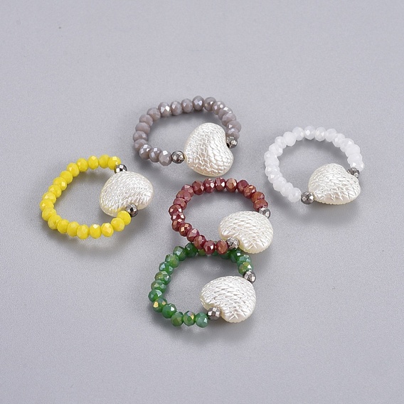 Electroplate Glass Stretch Rings, with Synthetic Hematite and Opaque ABS Plastic Imitation Pearl, Heart