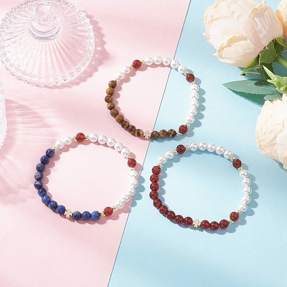 Круглые браслеты из жемчужных бусин, натуральных камней и сердолика для женщин, с латунными бусинами-разделителями в виде клевера