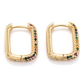 Brass Micro Pave Cubic Zirconia Huggie Hoop Earrings, Real 18K Gold Plated, Rectangle