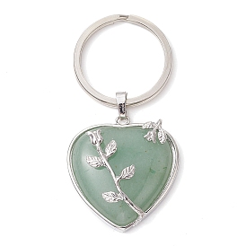 Natural Gemstone & Brass Heart Pendant Keychains, with Iron Split Key Rings