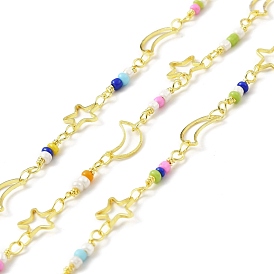 Handmade Brass Moon & Star Link Chain, with Glass Beaded, Long-Lasting Plated, Golden, Soldered, with Spool