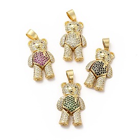 Rack Plating Brass Micro Pave Cubic Zirconia Pendants, Cadmium Free & Lead Free, Real 18K Gold Plated, Mechanical Charm, Bear Charm
