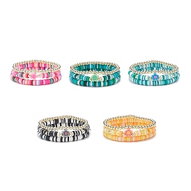 3 pcs bracelets extensibles heishi surfeur en argile polymère faits à la main sertis de perles de fleurs, bracelets preppy en perles d'hématite synthétique pour femmes