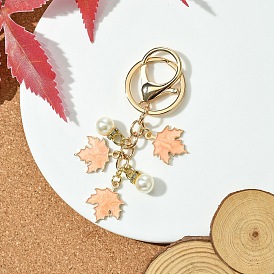 Брелок из эмалевого сплава, с пластиковыми подвесками из искусственного жемчуга, железное кольцо и застежки-когти из сплава, кленового листа