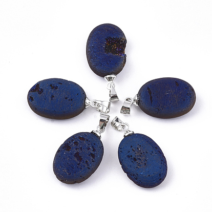 Electroplate Natural Druzy Geode Agate Pendants, with Brass Findings, Oval, Platinum