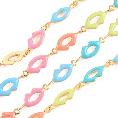 304 Stainless Steel Lip Shape Link Chains, with Enamel, Real 18K Gold Plated, Soldered